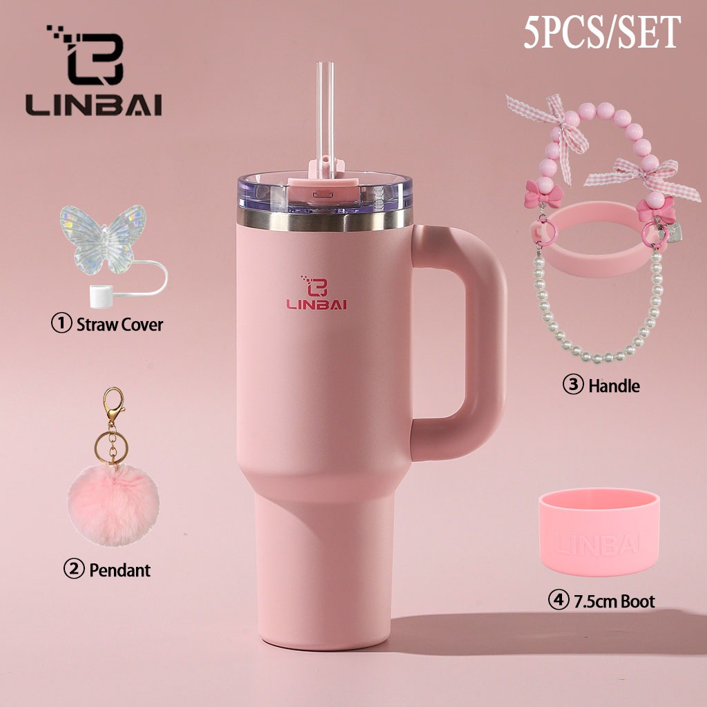 LINBAI Tumbler อุปกรณ์เสริมขวด 40oz แก้วน้ําสแตนเลสหุ้มฉนวนฟางสูญญากาศ Double Wall ขวดน้ํารั่วซึม