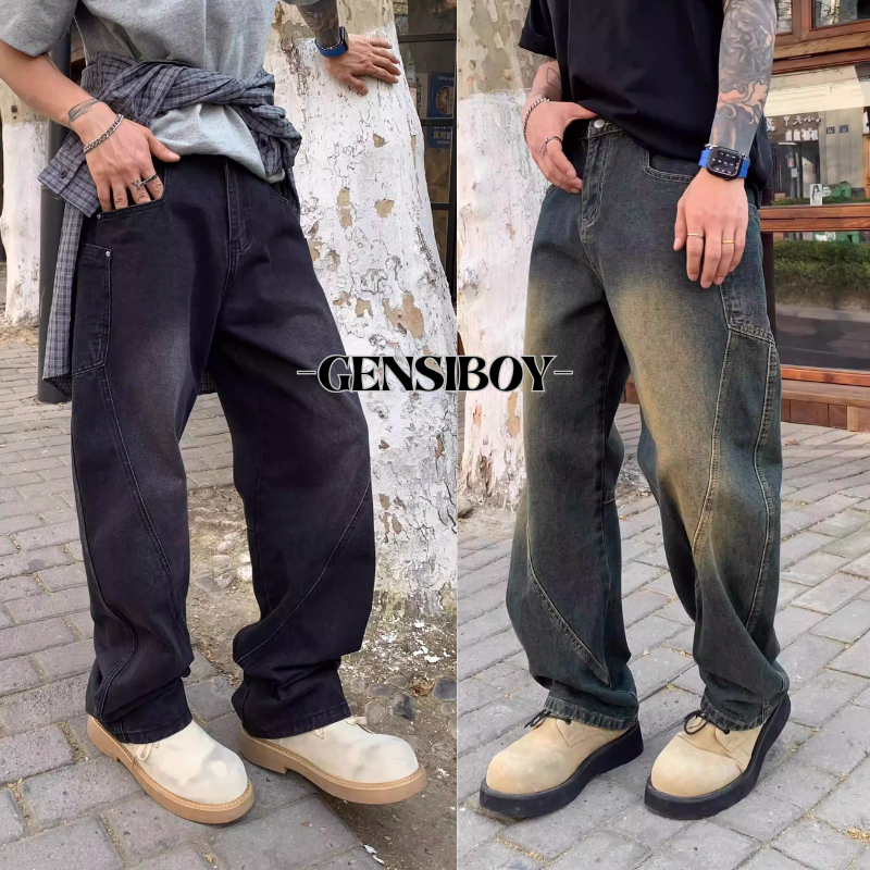 Gensiboy-กางเกงยีนส์ผู้ชาย ดำ ทรงอเมริกัน มีกระเป๋าใหญ่ด้านข้าง สไตล์ทันสมัย เหมาะสำหรับฤดูใบไม้ผลิและใบไม้ร่วง