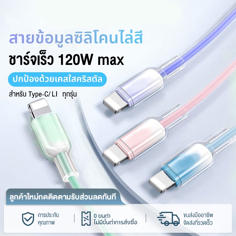 สายชาร์จ สีพาสเทล สายข้อมูลซิลิโคนไล่สี ชาร์จไว 120W สายยาว 1 เมตร Type-C/IP รองรับทุกรุ่น
