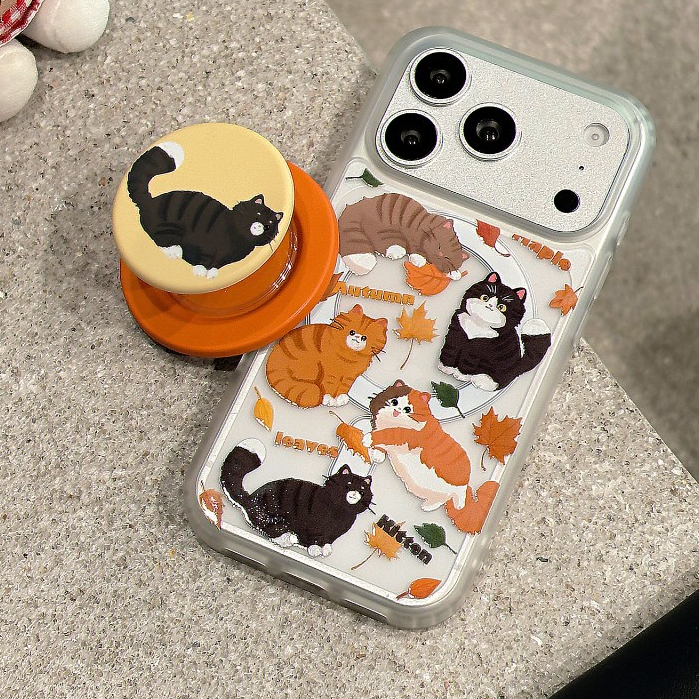 เคสโทรศัพท์ลายใบเมเปิ้ลและแมวพร้อมขาตั้งเข้ากันได้กับ iPhone 11 12 Pro 13 Pro Max 15 Pro Max 14 16 Pro 16 Plus 17 Air 17 Pro 17 Pro Max