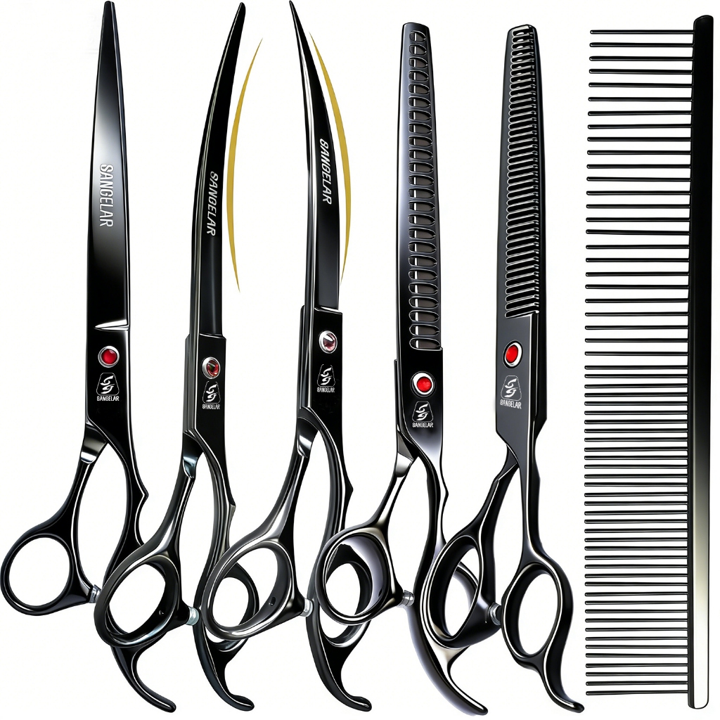 Sangelar 8 นิ้ว,ชุดกรรไกรตัดขนสัตว์เลี้ยงขนาด, สำหรับแมวและสุนัข, รวมกรรไกรตัดขนแบบตรง, กรรไกรตัดขนแบบโค้ง, กรรไกรตัดผอมบาง, หวี และปากกาหยุดเลือด (บรรจุในกระเป๋า)