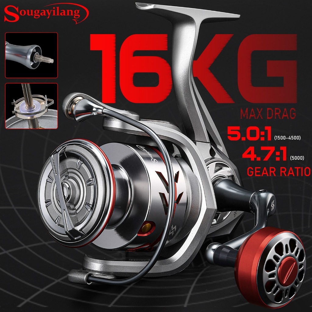 Sougayilang Spinning Fishing Reel ลากสูงสุด 16Kg 4.7:1/5.2:1 พร้อมสกรู-ใน Handle Strong ที่มีประสิทธิภาพ Spinning Fishing Reel สําหรับน้ําจืด/น้ําเค็ม