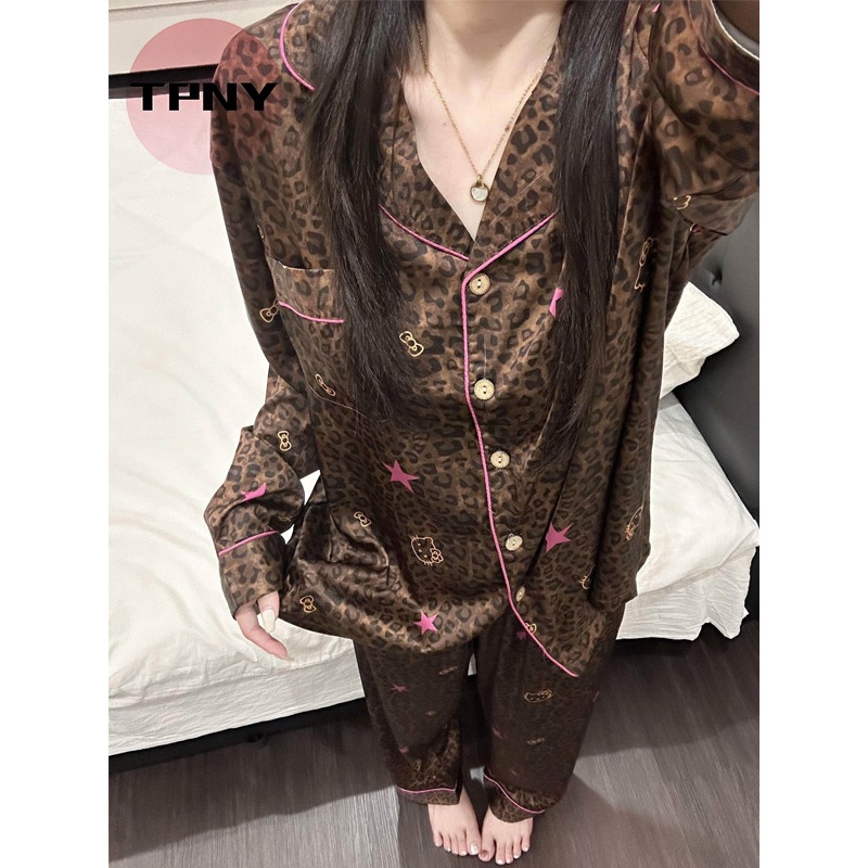 [TPNY] FASHION LOUNGEWEARชุดนอนผู้หญิงต้นฤดูใบไม้ร่วง ดีไซน์ลายเสือดาวและคิตตี้