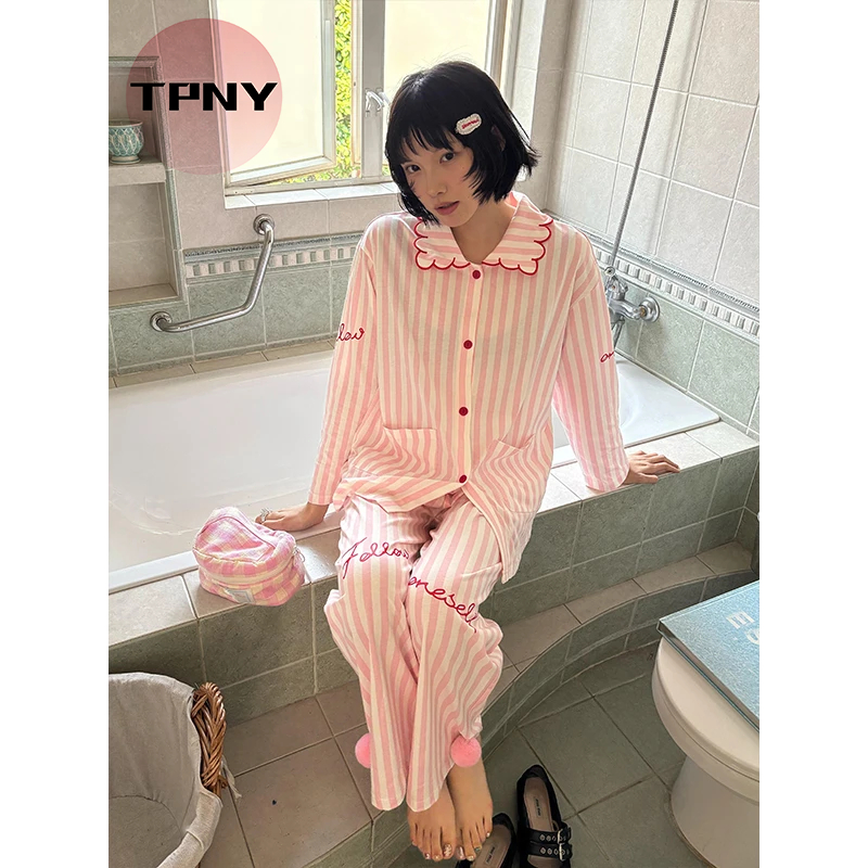 [TPNY] FASHION LOUNGEWEARชุดนอนแขนยาวสำหรับผู้หญิงแบบเกาหลี พร้อมคาร์ดิแกนและกางเกงสูท สไตล์น่ารัก