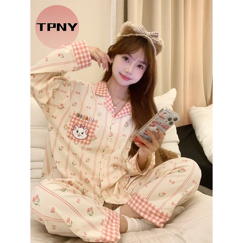 [TPNY] FASHION LOUNGEWEARชุดนอนสไตล์การ์ตูนน่ารัก สำหรับหญิง ฤดูใบไม้ผลิดำเนินถึงฤดูใบไม้ร่วง พิมพ์ลายแมวน่ารัก