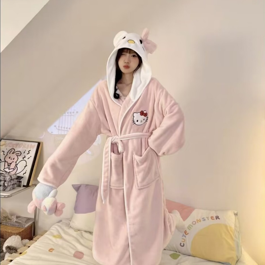 Hellokitty เสื้อคลุมอาบน้ําดูดซับน้ํา Quick-Drying Coral ขนแกะ Hooded Yukata ฤดูใบไม้ร่วงฤดูหนาวหนา Nightgown