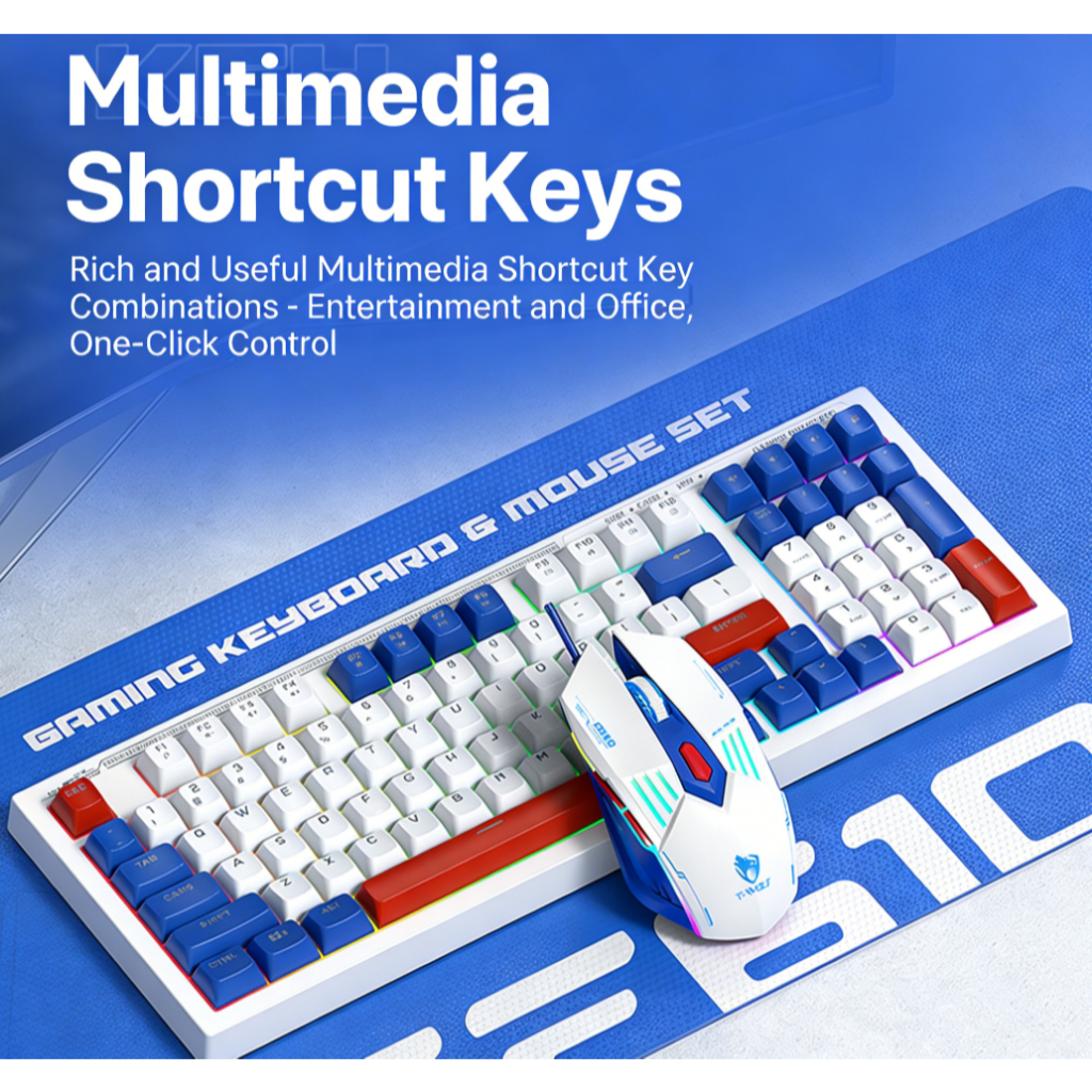 T-WOLF TF610 98-Key Custom Mechanical Feel คีย์บอร์ดเกมเมาส์ Combo Mecha สีฟ้าผสมสีสําหรับคอมพิวเตอร