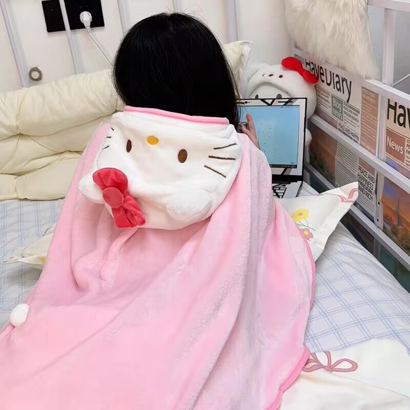 HelloKitty ผ้าห่มผ้าคลุมไหล่ Hooded Student Office Worker Nap ผ้าห่มสํานักงานการ์ตูนน่ารักสีชมพูผ้าห่มเครื่องปรับอากาศ