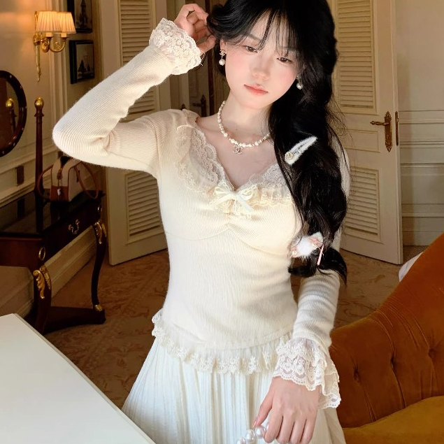 เสื้อท็อปลายเกาหลี แบบคอวี แขนยาว สไตล์เกาหลี - รูปที่ 2