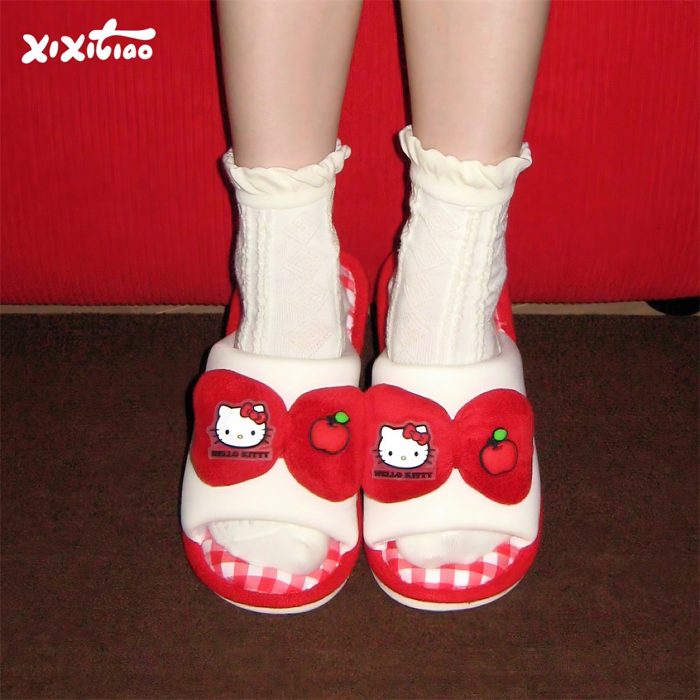 Xixtiao Sanrio รองเท้าแตะผ้าลินินหญิงน่ารัก HelloKitty บ้านผ้าฝ้ายผ้าลินิน Soft Sole