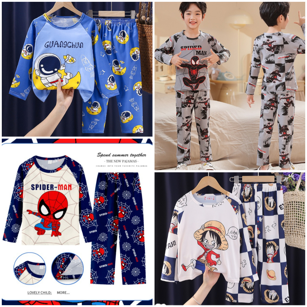 เสื้อชุดนอนเด็กดีไซน์สไปเดอร์แมน สำหรับเด็กชายและหญิง คอกลมแขนยาว