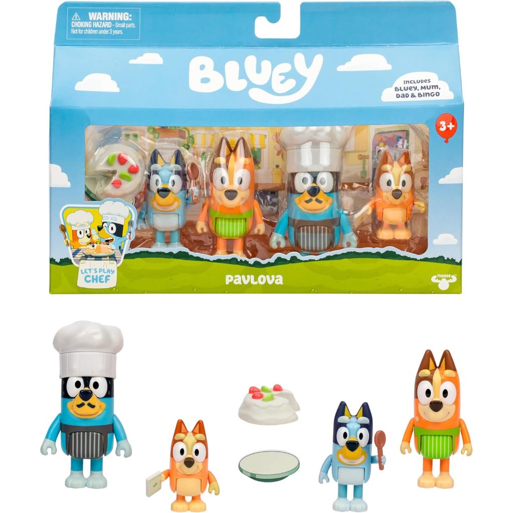 Bluey 4-Pack Toy Figure Playset, Let’s Play Chef Pavlova Toddler Figurine Toys Set with Chef Accesso