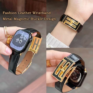 หรูหราสีดําทองชุดสายหนังแท้สําหรับ ฉันดู ชุด พิเศษ iwatch Series 11 10 9 8 7 6 5 SE 5 4 3 2 1แฟชั่นลําลองโซ่โลหะวงสําหรับ ฉันดู 44/46/42/45 มม.41 มม.40 มม.38