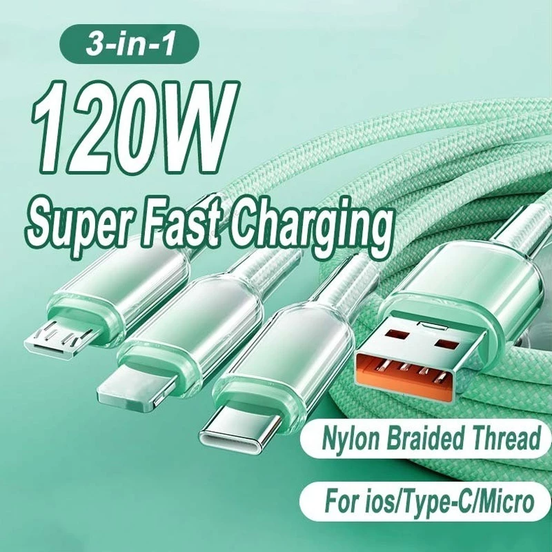 120W เคสไล่ระดับสีโปร่งใส Ultra-Fast Three-in-One สายชาร์จไนลอนถักสายเคเบิลข้อมูล USB to iOS/Type-C/Micro USB สายชาร์จโทรศัพท์มือถือ เหมาะสําหรับโทรศัพท์มือถือ/แท็บเล็ตพีซี/แล็ปท็อป