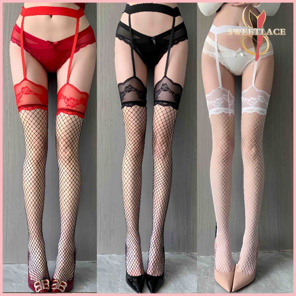 พร้อมส่งในไทย ถุงน่องตาข่ายลูกไม้เซ็กซี่ ถุงน่องสีดำสูง ถุงน่องเซ็กซี่ ยืดอย่างดี