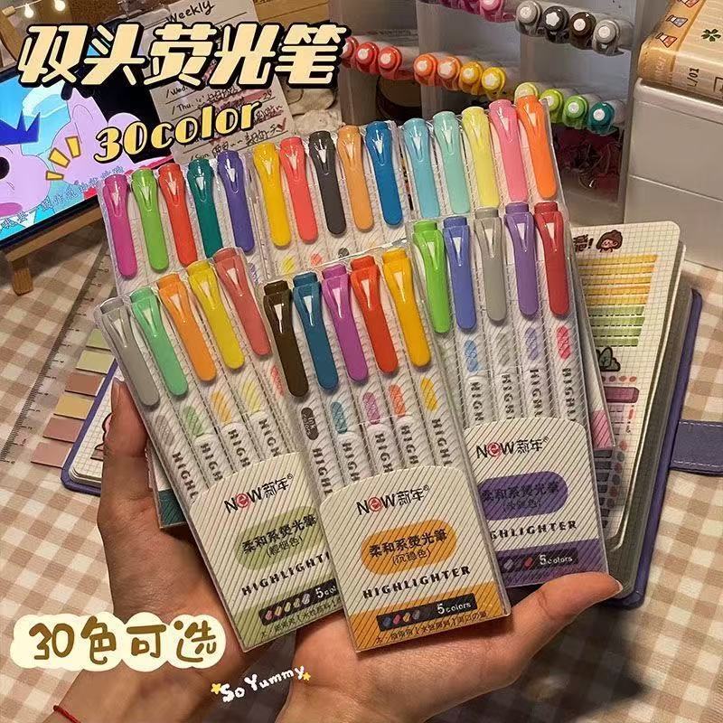 【5PCS】ปากกามาร์กเกอร์ ไฮไลท์ แบบสองหัว สร้างสรรค์ 25 สี สําหรับตกแต่งห้องเรียน นักเรียน DIY