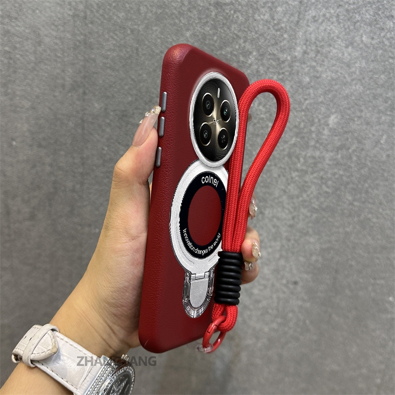 สําหรับ realme 12 5G 12x 5G 12 Pro 12 Pro Plus สีพรีเมี่ยมหนังเนื้อเคสโทรศัพท์โลหะที่วางโทรศัพท์ความงามเชือกฟรีและประณีต