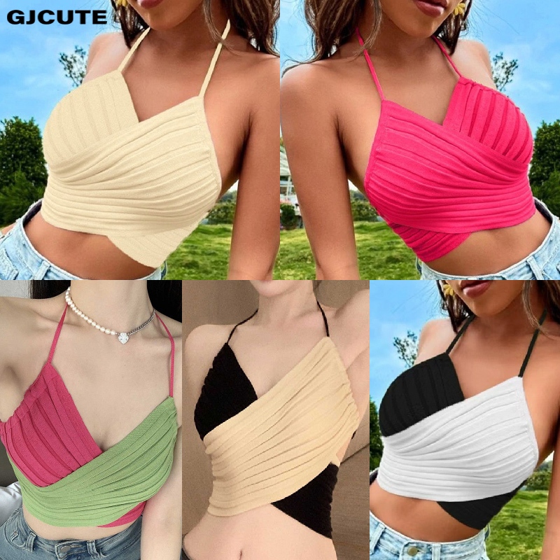 Gjcute เสื้อสายเดี่ยว ผ้าถัก คล้องคอ แบบไขว้ เซ็กซี่ ฤดูร้อน สําหรับผู้หญิง WTD