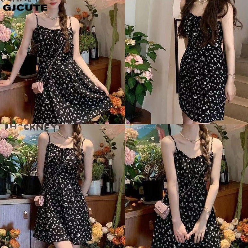 GJCUTE Vintage สีดําชีฟองดอกไม้ชุดผู้หญิงฤดูร้อนแขนกุดทุกวันชุด WTD