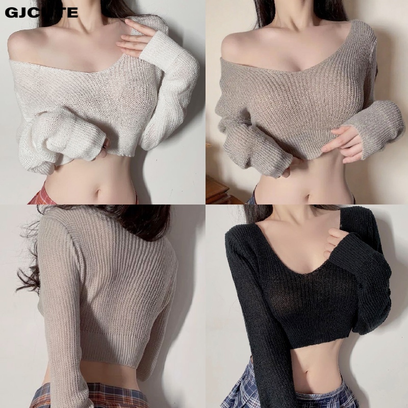Gjcute เซ็กซี่ Cropped Tops V คอถักสีทึบแขนยาวลําลองผู้หญิงเสื้อกันหนาว WTD