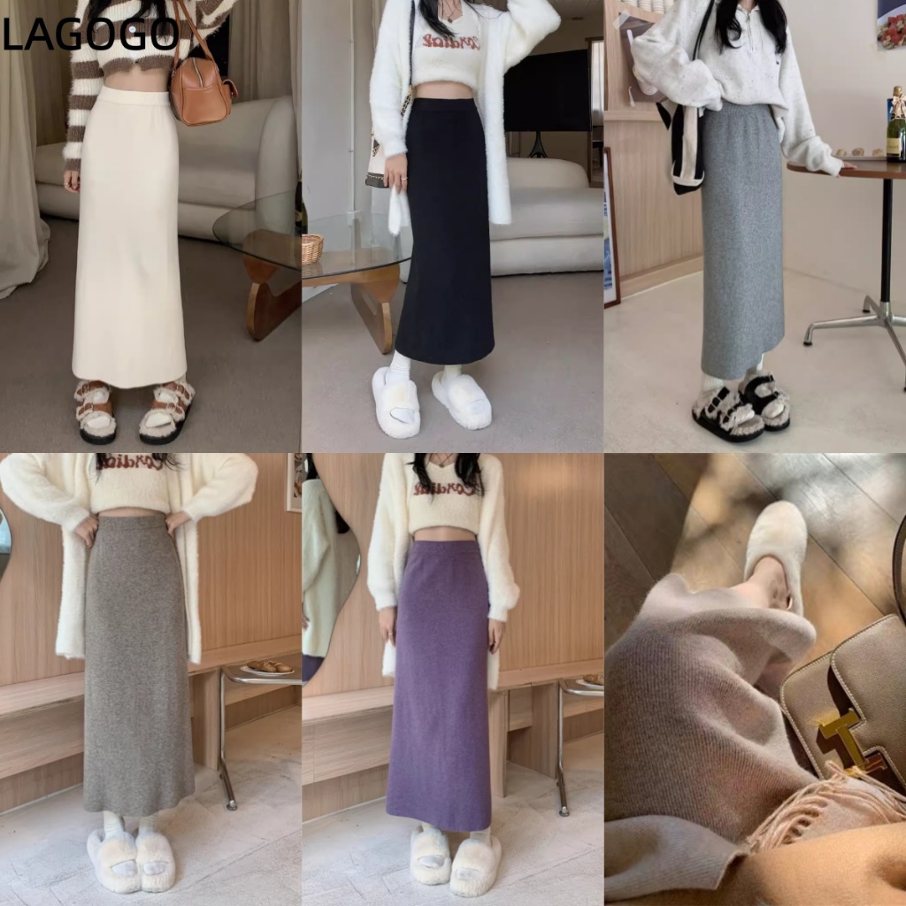 กระโปรงถักสีดําผู้หญิงเอวสูงยาวตรงกระโปรงทรงเอ