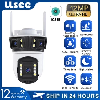 LLSEE ICSEE 12MP 6K 3 เลนส์กล้องวงจรปิดไร้สาย WIFI PTZ กันน้ำ 360 กล้อง IP กลางแจ้งการติดตามการเคลื่อนไหวที่มีสีสันคืนวิสัยทัศน์