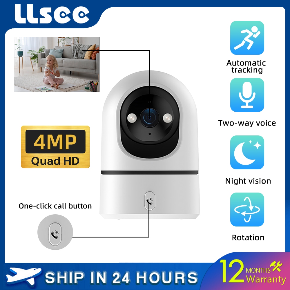 LLSEE 4MP บ้านขนาดเล็กในร่มกล้องหนึ่งปุ่มเตือนด้วยเสียงสองทางโทรไร้สาย WIFI ติดตามการเคลื่อนไหว 360 กล้องวงจรปิด PTZ หมุนสีคืนวิสัยทัศน์การตรวจจับสัญญาณเตือนของมนุษย์
