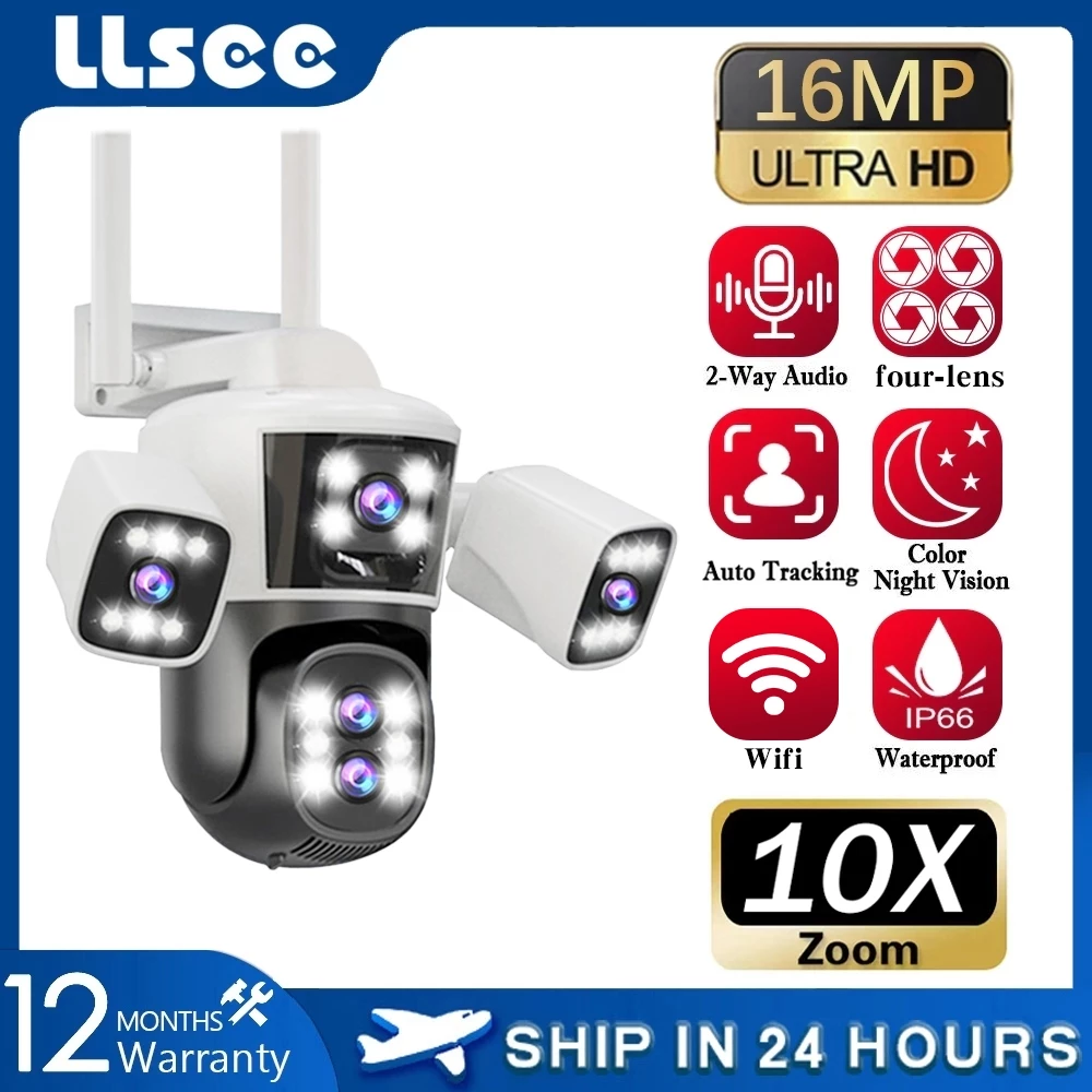 LLSEE 16MP 8K 4 เลนส์ซูมออปติคอล 10 เท่ากล้องวงจรปิดไร้สาย WIFI PTZ กล้องรักษาความปลอดภัย 360 กันน้ำกลางแจ้ง IPC66