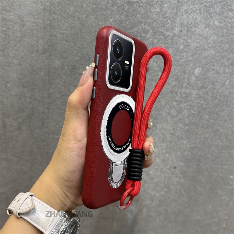 เคสสําหรับ vivo Y22 Y22S พรีเมี่ยมสีหนังเนื้อเคสโทรศัพท์โลหะที่วางโทรศัพท์ความงามเชือกฟรีและประณีต