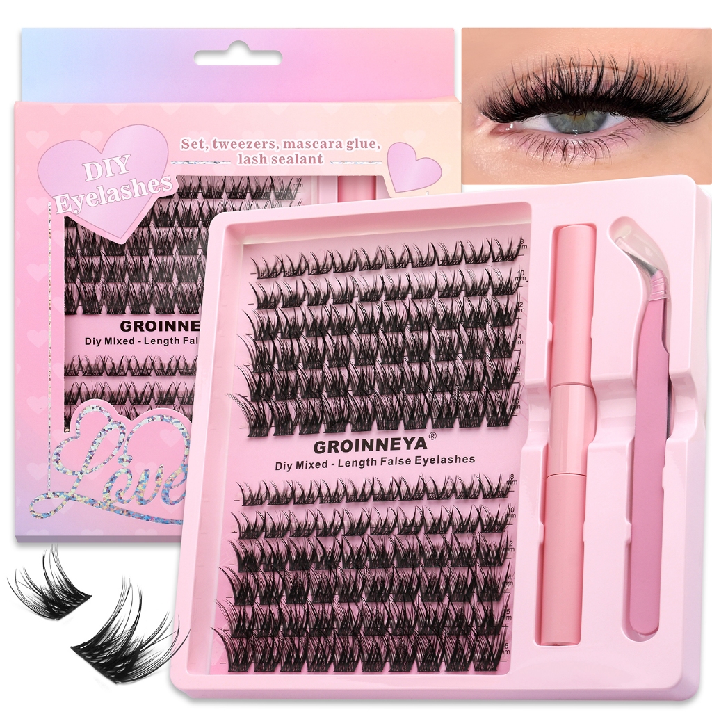GROINNEYA Cluster Eyelashes Voluminous Cat Eye Eyelashes Faux Mink Soft DIY Eyelash Extension Kit