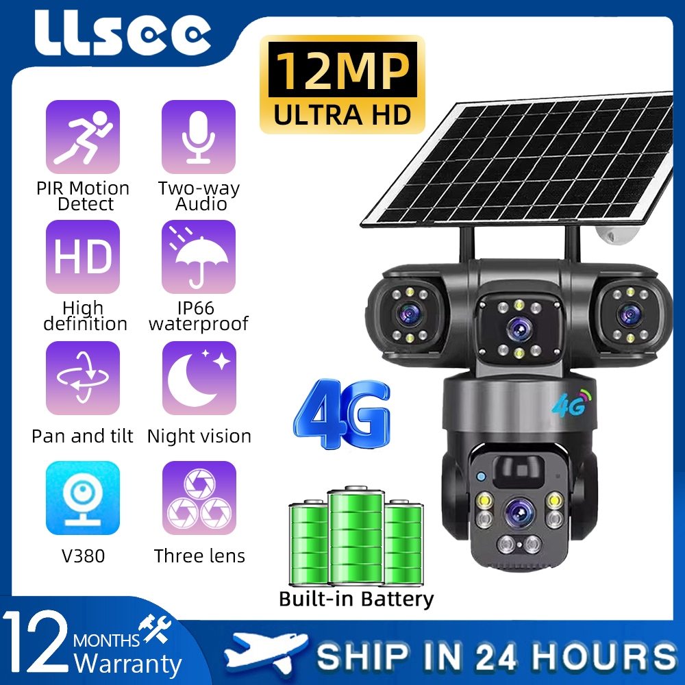 LLSEE V380 6K HD สามเลนส์กล้องพลังงานแสงอาทิตย์ไร้สายกันน้ำกลางแจ้ง 4G ซิมการ์ดกล้องวงจรปิด 360 การเ