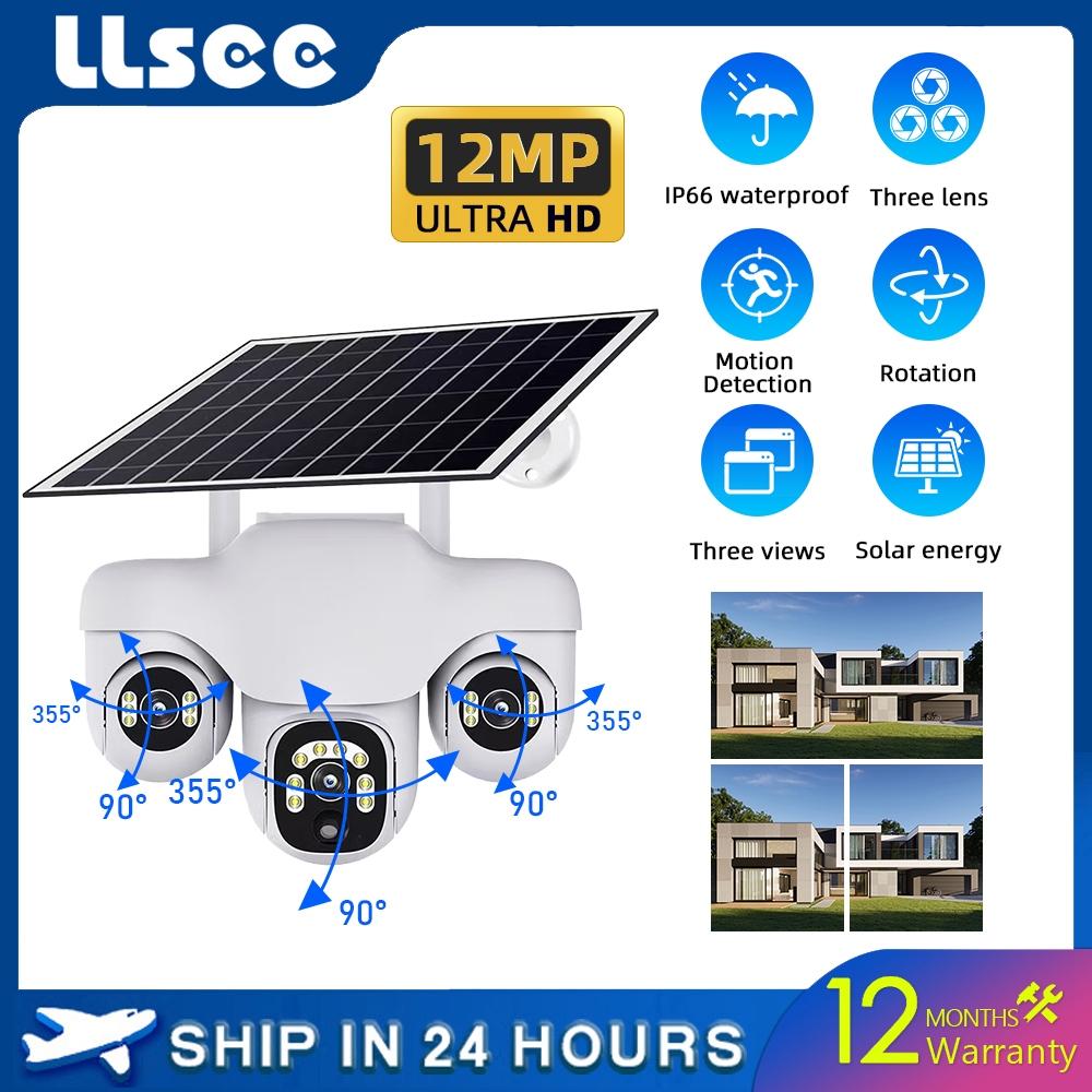 LLSEE V380 pro 12MP 6K จริง 3 เลนส์ PTZ โทรศัพท์มือถือควบคุมกล้องพลังงานแสงอาทิตย์ 4G SIM ไร้สาย WIFI กลางแจ้งกันน้ำตรวจสอบติดตามมือถือปลุกความปลอดภัยกล้องวงจรปิดที่มีสีสันคืนวิสัยทัศน์พูดคุย