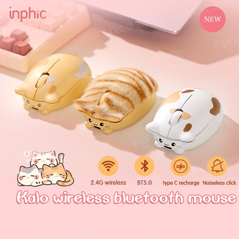 Inphic เมาส์บลูทูธไร้สายแมวน่ารักสองโหมดประเภท C ชาร์จเมาส์ออปติคัลไร้สายเงียบสําหรับแล็ปท็อป/พีซี/แท็บเล็ต