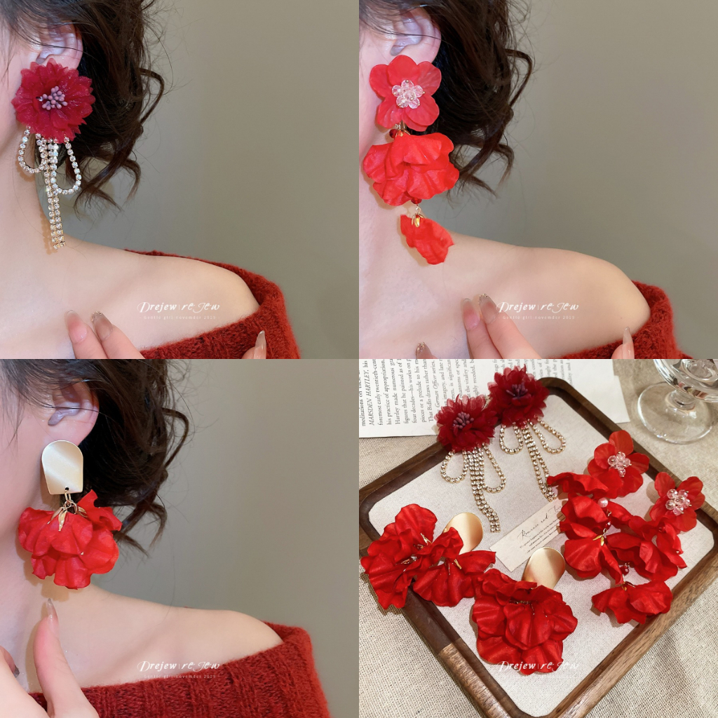ต่างหูสีแดงผ้าดอกไม้มุก ออกแบบแฟชั่นสำหรับสวมใส่ในทุกวัน