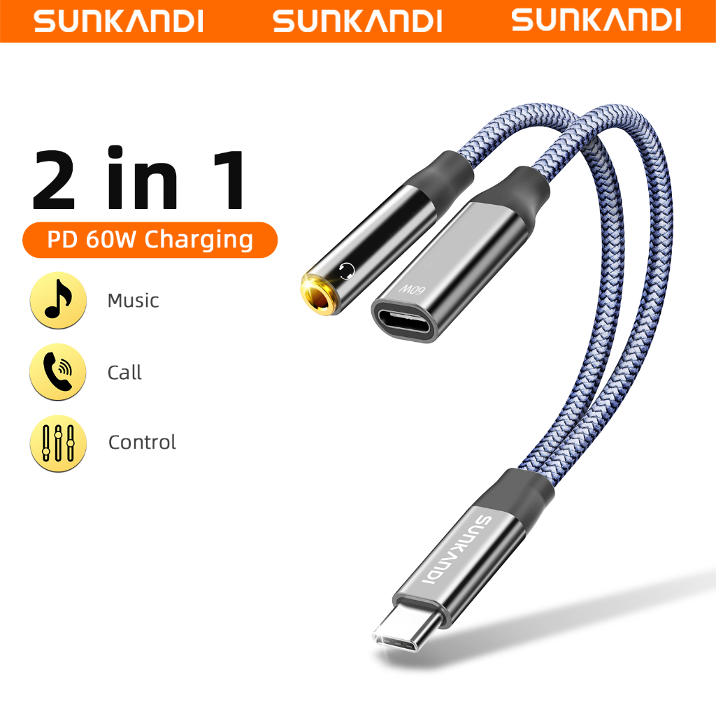 SUNKANDI 60W USB C ถึง 3.5 มม./10W IP ถึง 3.5 มม.หูฟังและอะแดปเตอร์ชาร์จรองรับ micro สําหรับ IP 7-14 – โปรปัง