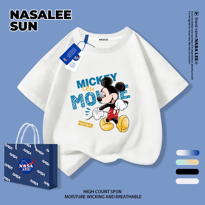 【จัดส่งในวันเดียวกัน】เสื้อยืดคอตวัดแขนสั้นสำหรับเด็ก NASA เนื้อผ้าฝ้ายขาวระบายอากาศดี กับมิกกี้เมาส์ฉลาด สำหรับเด็กชาย-หญิงอายุ 3-16 ปี