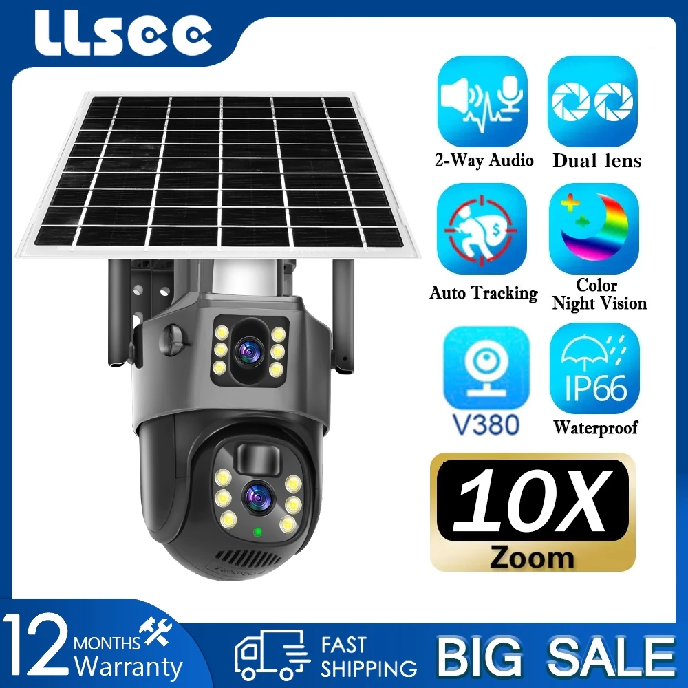 LLSEE v380 pro 8MP 4K 4G ซิมการ์ดกล้องวงจรปิดพลังงานแสงอาทิตย์กลางแจ้ง 360 PTZ 10X ซูมกล้องวงจรปิด WIFI ติดตามมือถือพูดคุยสองทางสีสันกลางคืน