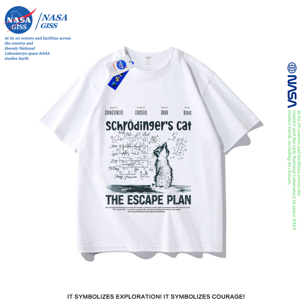 NASA เสื้อยืดชายหญิงแขนสั้น สไตล์ลำลอง summer แมวคณิตศาสตร์ พิมพ์ลาย คอตตอน คอกลม หลวมและระบายอากาศ