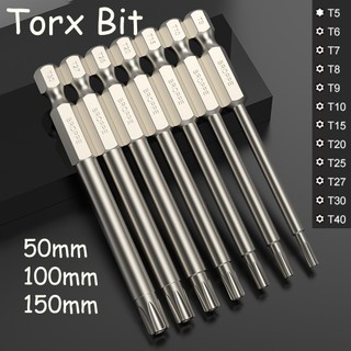Torx ไขควง Bits รู T5 ~ T40 50/75/100/150 มม.ปลายแม่เหล็กยาวพร้อมCentre Hole Bit S2 เหล็ก 1/4 นิ้ว Hex Shank เครื่องมือ