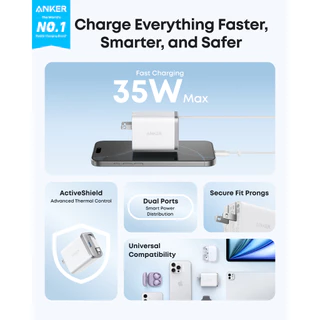 ANKER Nano 35W Fast GaN Charger | Max 2-Port Compact Charger |พร้อมสายแบบพับเก็บได้รองรับ Super Fast Charging | Anker InstaCord Retractable ในตัวที่ทนทาน| พร้อม iPhone 17 Pro Max/16/15 Series, iPad, และอื่นๆ