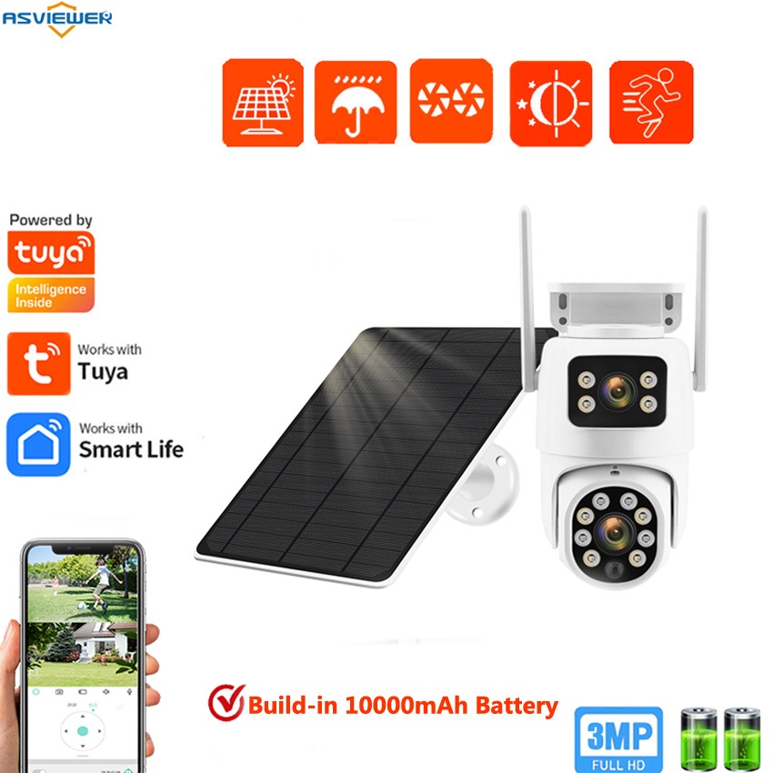 กลางแจ้ง Tuya 3MP กล้องรักษาความปลอดภัยพลังงานแสงอาทิตย์เลนส์คู่ IP Wi-Fi PTZ มุมมองเต็มรูปแบบมุม 2-Way Audio สําหรับ Smart Home