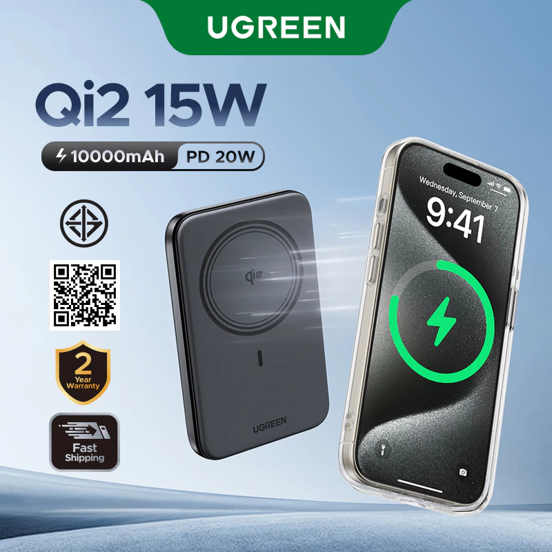 UGREEN 10000mAh PD20W Qi2 15W Fast Charging Powerbank พร้อมแม่เหล็กชาร์จไร้สายสําหรับ Samsung S25 iPhone 17 Pro Max 16 Pro Max Huawei