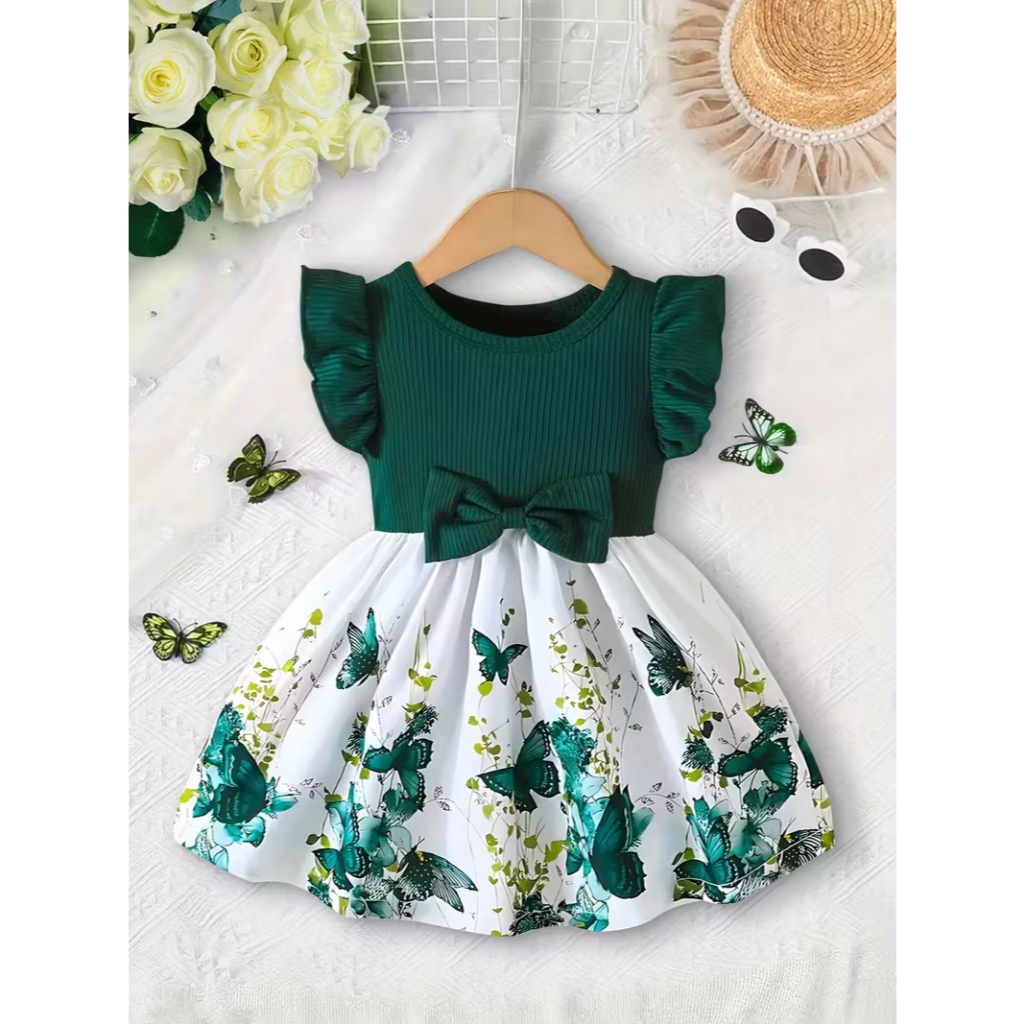 ส่งจากไทย ชุดเดรสทารกหญิง อายุ 3 เดือน ถึง 3 ขวบ ลายผีเสื้อ สีเขียว เดรสเด็ก ชุดเดรส ชุดเด็ก สำหรับวันเกิด ของขวัญ งานเลี้ยง ตรุษจีน