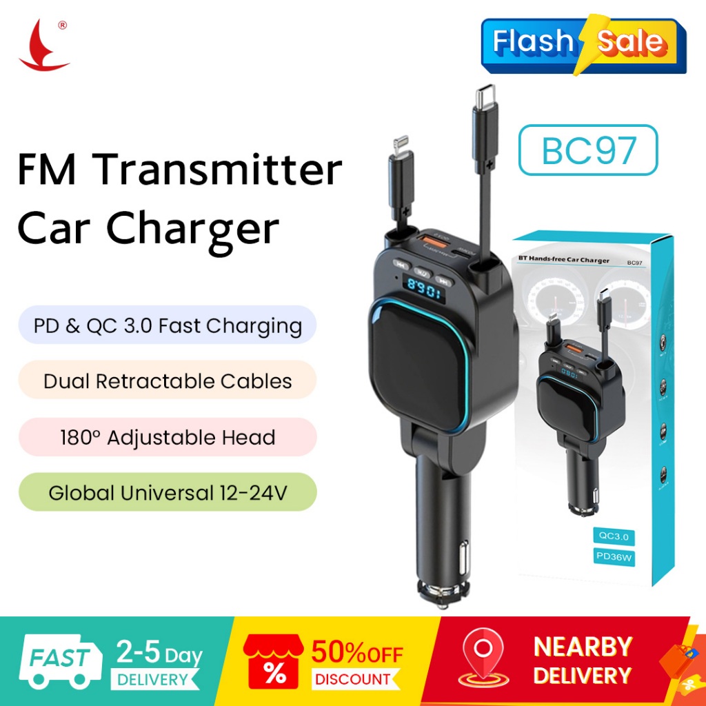 LEADINWAY BC97 Dual-Retractable-Line Car Bluetooth FM Transmitter 96W Fast Charging แฮนด์ฟรีโทร