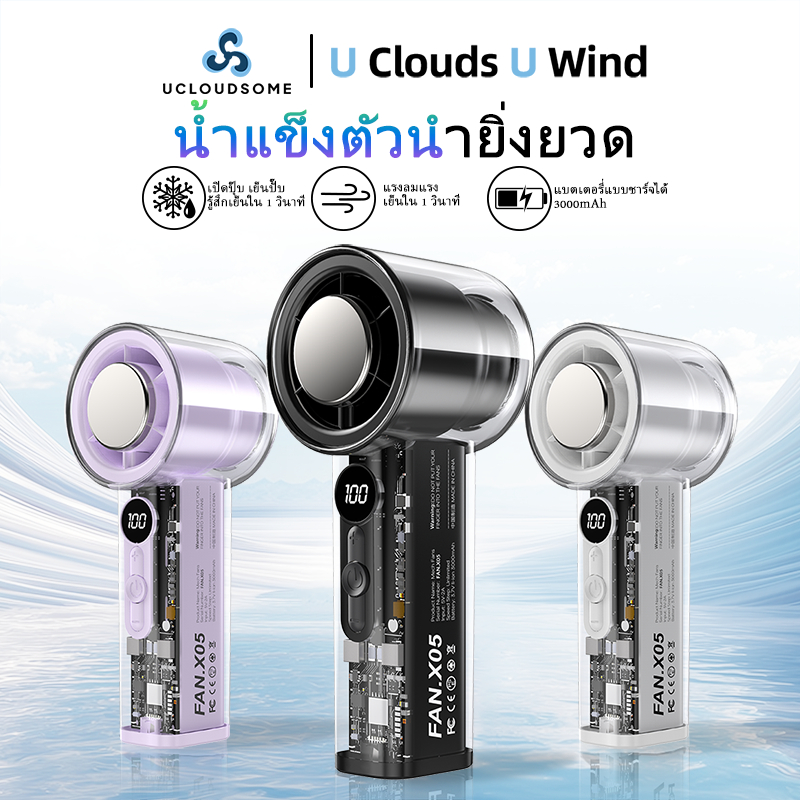UCLOUDSOME พัดลมพกพา พัดลมมือถือ ปรับระดับได้ 100 ระดับ  10 เมตร/วินาทีลม แผ่นรองประคบเย็นแบบปรับได้จอแสดงผล LED