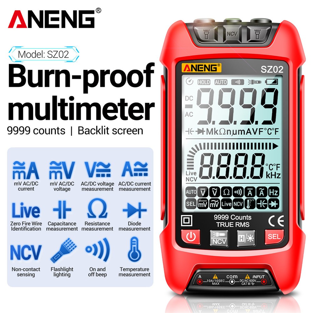 ✨ Virgil ✨ ANENG SZ02 9999 Real RM ความจุอัตโนมัตินับช่วง NCV LED Digital Multimeter
