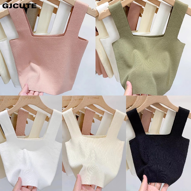 Gjcute Basic ฤดูร้อนแขนกุดถักผู้หญิงความยืดหยุ่นสูงแฟชั่นเซ็กซี่ Ladys สั้น Crop Top ผู้หญิงเสื้อผ้า Y2k Tops WTD