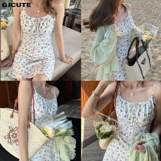 GJCUTE เดรสลายดอกไม้ผู้หญิงสปาเก็ตตี้หวานฤดูร้อน Vintage Bas…