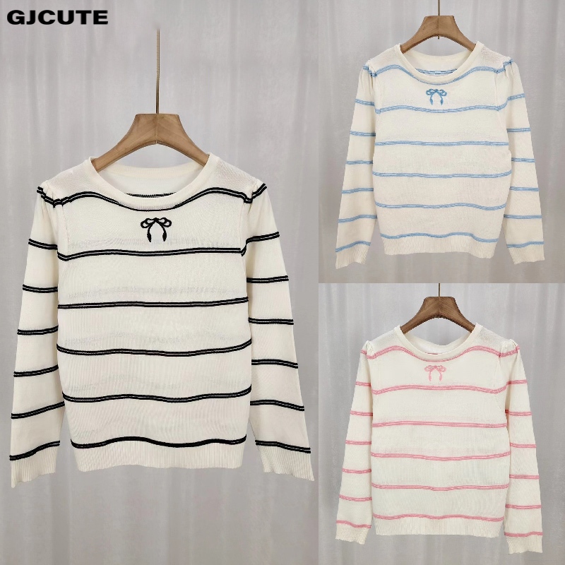 Gjcute เกาหลีหวานลายโบว์ปักรอบคอแขนยาวถักเสื้อกันหนาวสําหรับผู้หญิง WTD