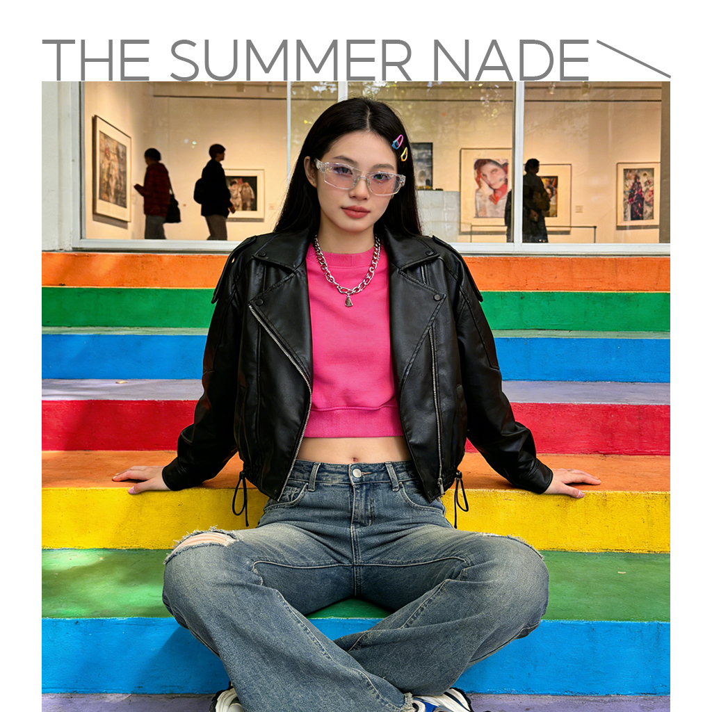 Thesummernade Long-Sleeved Stand Collar Leather Jacket แจ็คเก็ตหนังมีสไตล์ BB016